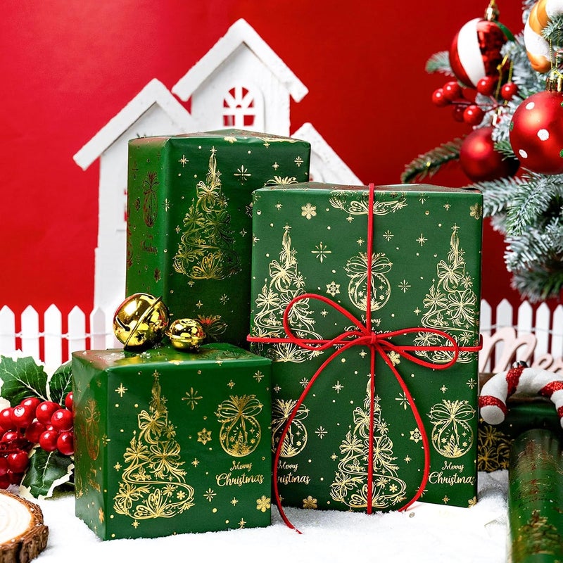 MAYPLUSS ورق تغليف عيد الميلاد الأخضر، ورق تغليف الأشجار الخضراء، شجرة عيد الميلاد الأنيقة بتصميم رقائق الذهب لتغليف الهدايا، زينة احتفالية (17 بوصة × 33 قدم) - Image 5